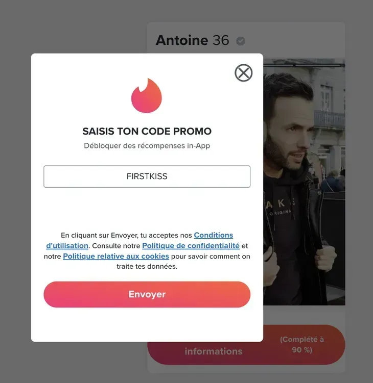 Code promo Tinder FIRSTKISS via WorthPenny