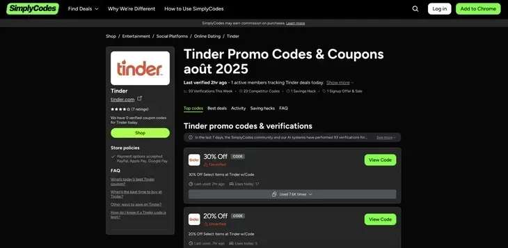 Code promo et réduction Tinder sur Dealspotr