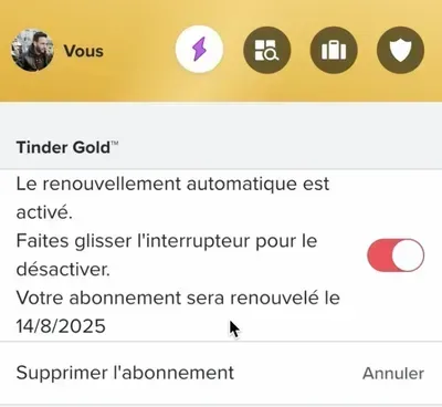 Désactiver le renouvellement automatique de l'abonnement Tinder ou le supprimer