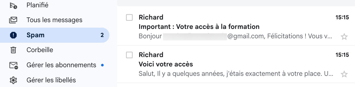 Exemple dossier spam/indésirables