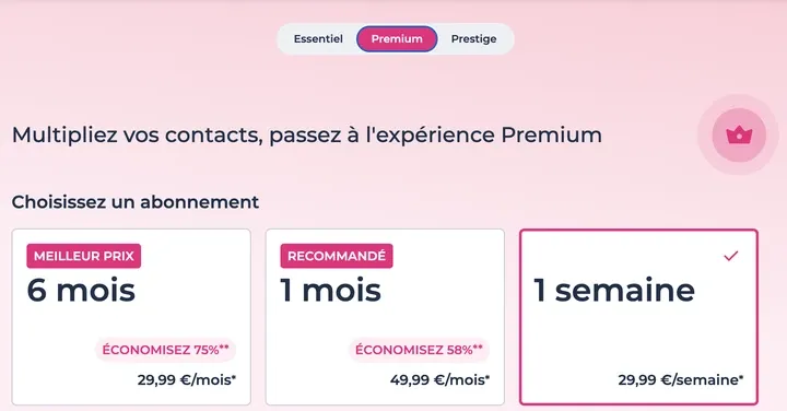 Prix et tarifs de l'abonnement Premium Meetic sur 1 semaine, 1 mois et 6 mois