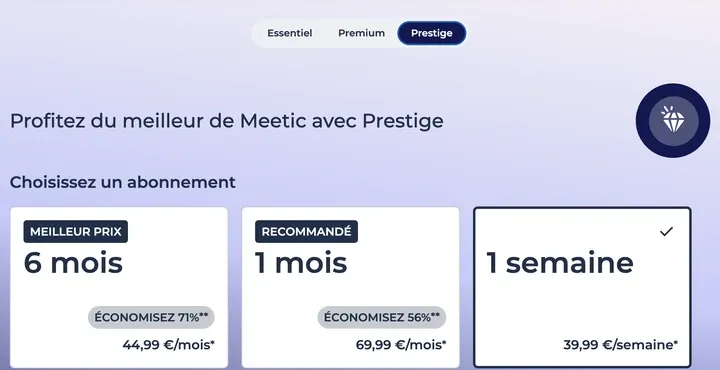 Prix et tarifs de l'abonnement Prestige Meetic sur 1 semaine, 1 mois et 6 mois