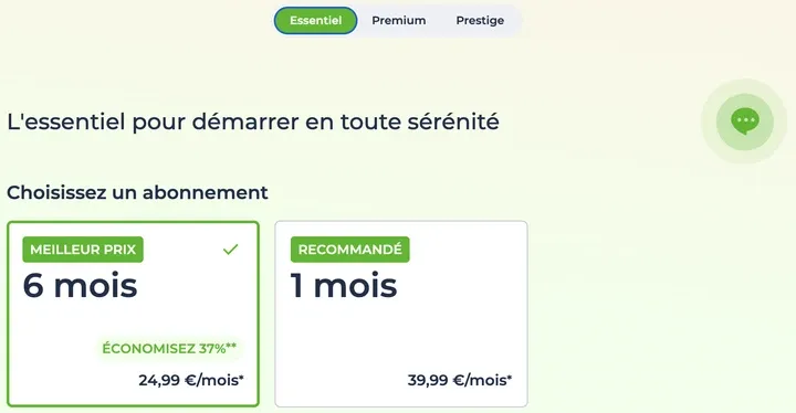 Prix et tarifs de l'abonnement Essentiel Meetic sur 1 mois et 6 mois