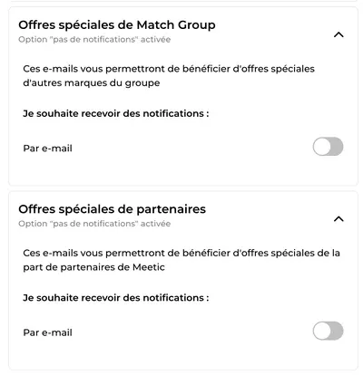 Réception par email et notification push des offres promotionnelles de Match Group et des partenaires de Meetic