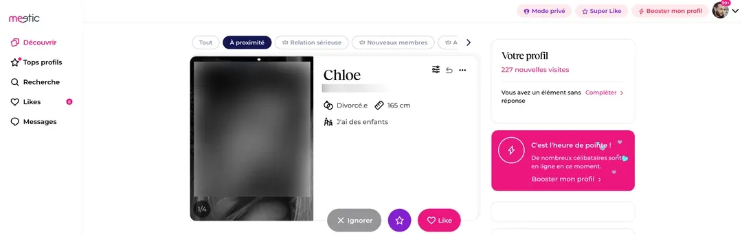 Interface utilisateur de la page d'accueil de son compte Meetic