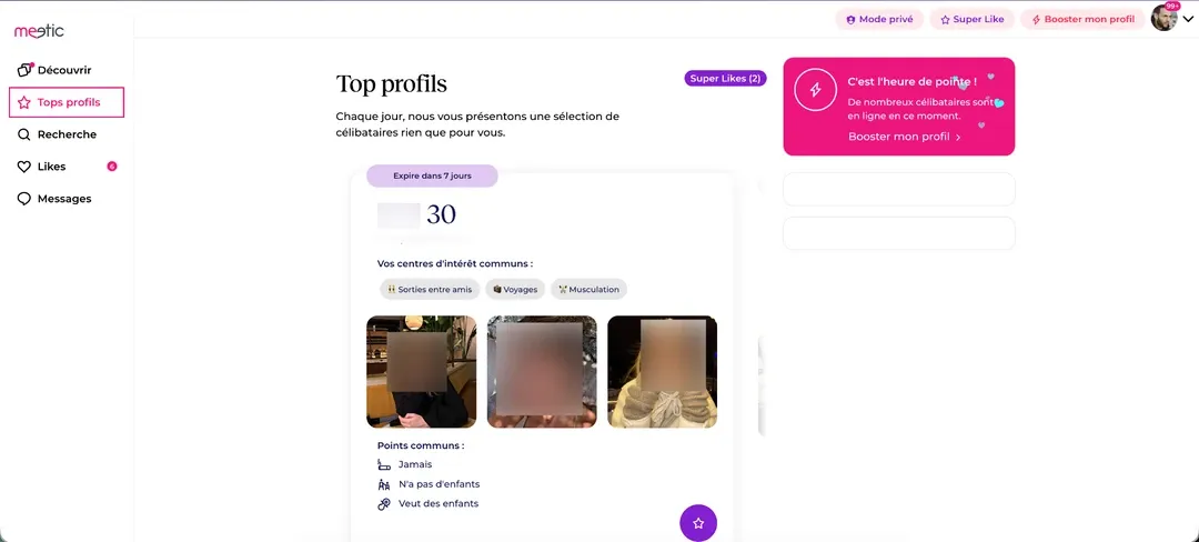 Pertinence profils proposés dans le menu top profils de Meetic  : point négatif