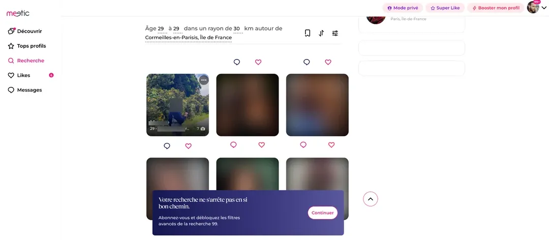 Nombre de profils proposés gratuitement dans le menu recherche de Meetic  : point négatif