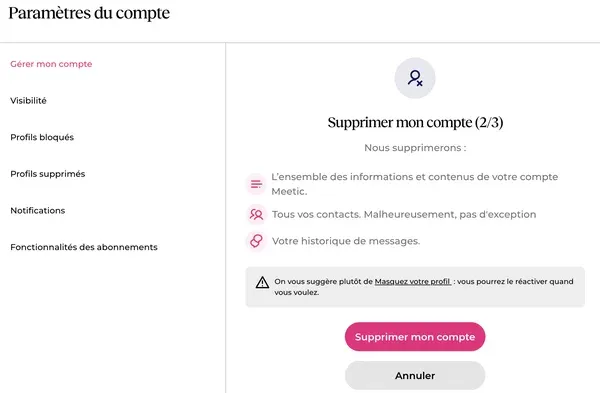 Supprimer mon compte ou mon profil Disons Demain : étape 2