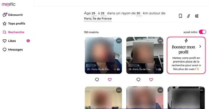 Le menu Recherche dans la nouvelle version de Meetic