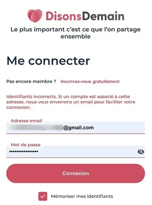 Message identifiants incorrects lors de la tentative de connexion au compte Disons Demain