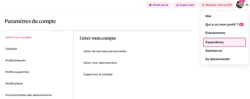 Supprimer son compte Meetic : Étape 3 : accéder aux paramètres du compte