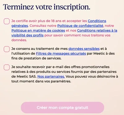 Meetic inscription gratuite : Accepter les consentements et créer son compte gratuit