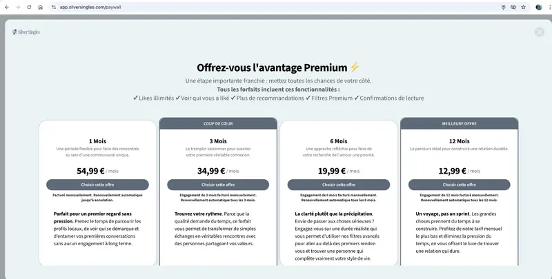 SilverSingles : prix et tarifs de l'abonnement