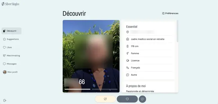 Nos Belles Années : l'interface utilisateur et vu sur les profils compatibles