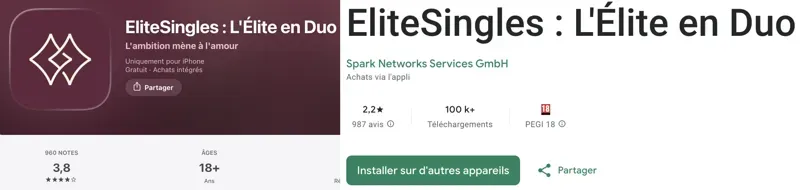 Évaluation EliteSingles sur Google Play et App Store