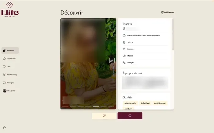 EliteSingles : l'interface utilisateur
