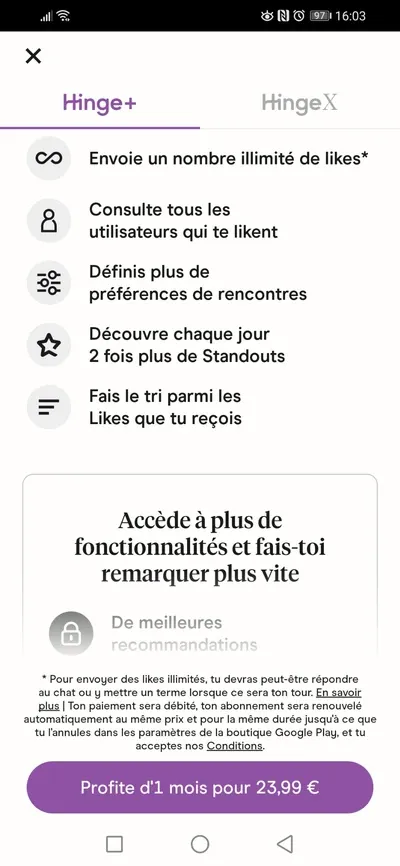 Hinge avis : abonnement Hinge Plus