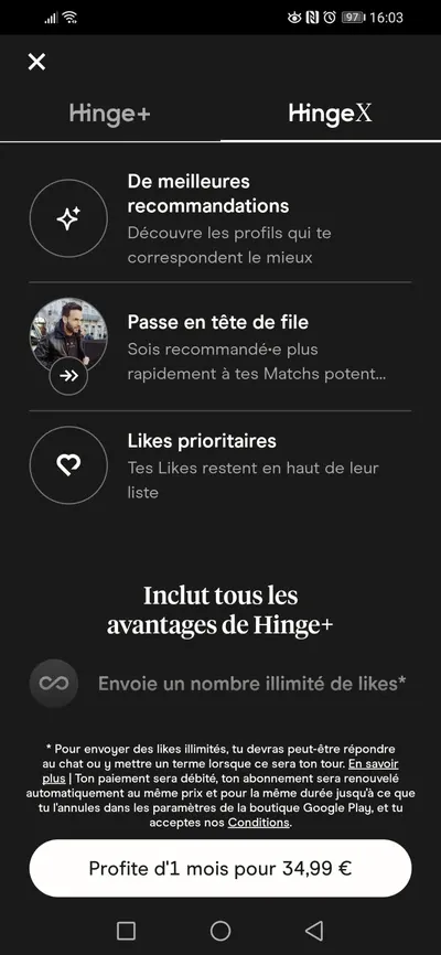 Hinge avis : abonnement Hinge X