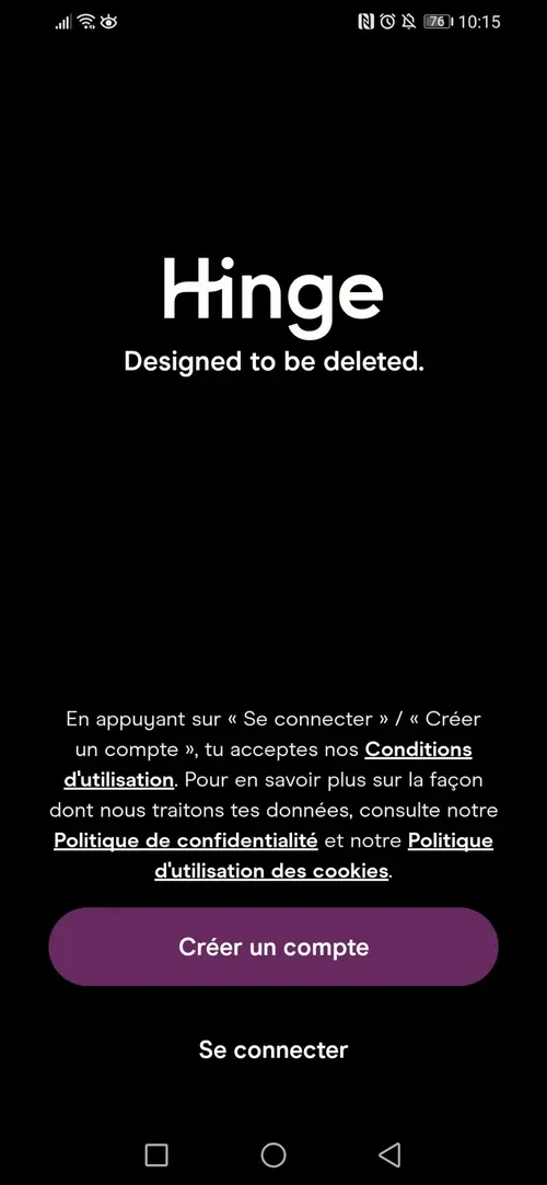 Page d'accueil de l'application Hinge pour se connecter à son compte