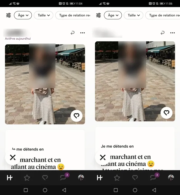 Statut d'activité Hinge visible et invisible sur un profil