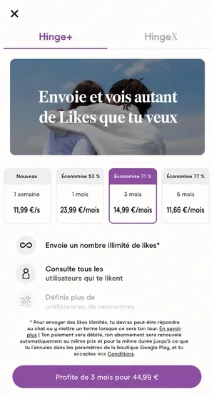 Prix et tarifs de l'abonnement Hinge Plus