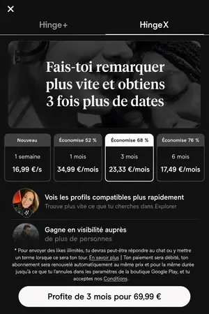 Prix et tarifs de l'abonnement Hinge X