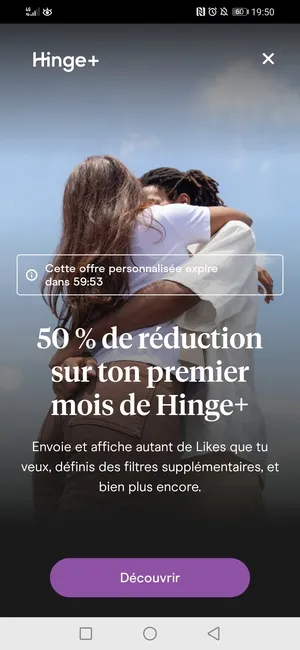 L'offre promotionnelle de -50% sur Hinge Plus