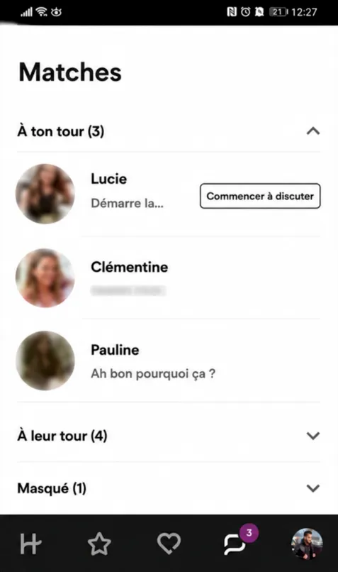 Messagerie Hinge : À ton tour, À leur tour, Masqué