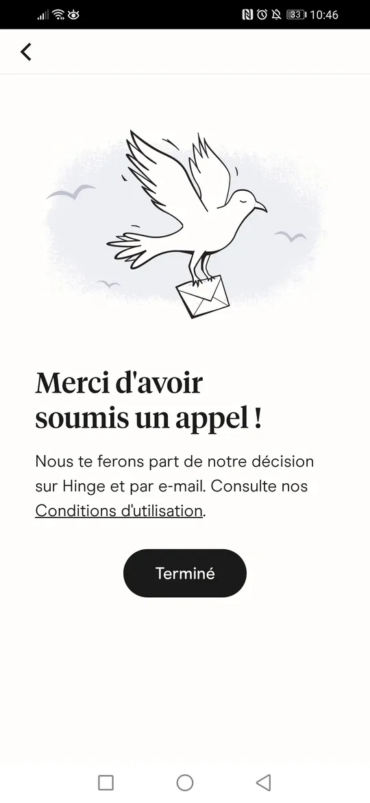 Signaler un profil depuis la messagerie de Hinge : merci d'avoir soumis un appel