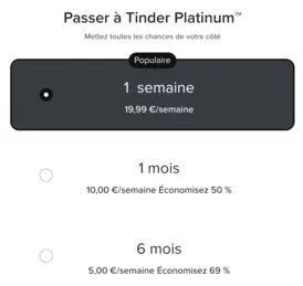 Prix et tarifs de Tinder Platinum en France pour les hommes