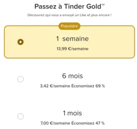 Prix et tarifs de Tinder Gold en France pour les hommes