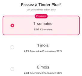 Prix et tarifs de Tinder Plus en France pour les hommes