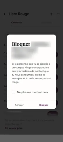 Lite rouge sur Hinge : confirmer le blocage d'un contact