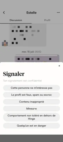 Les options de signalement dans Hinge