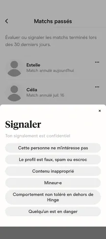 Signaler un Match passé sur Hinge : chois du motif de signalement