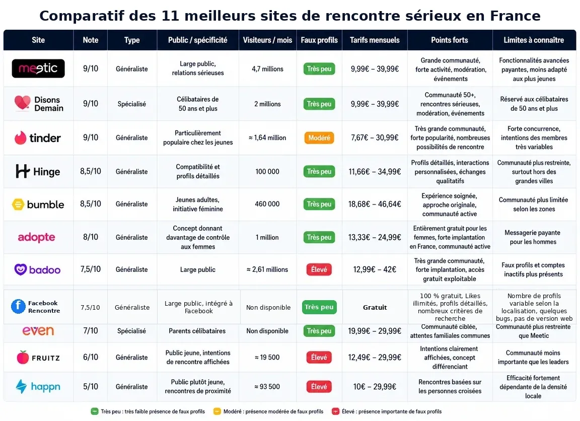 Tableau comparatif des meilleur sites de rencontres sérieux en France.
