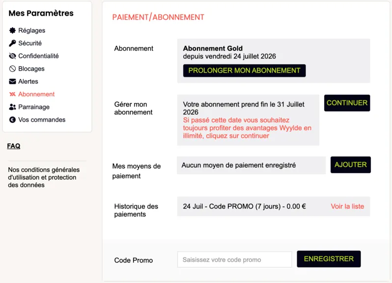 Où insérer le code promo Wyylde