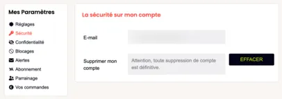 Wyylde : supprimer son compte avec le bouton effacer