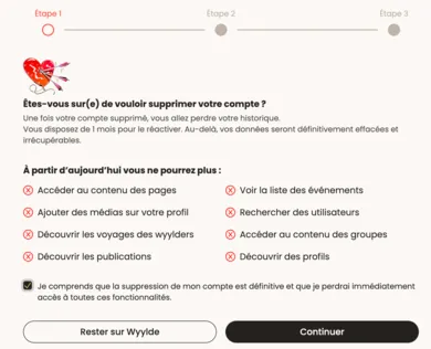 Confirmer la suppression de son compte Wyylde
