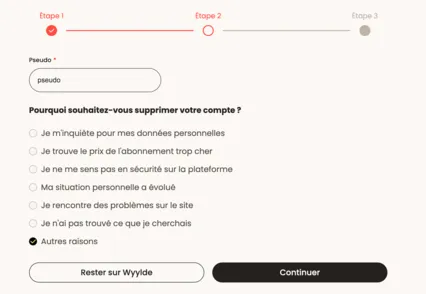 Confirmer la suppression de son compte Wyylde