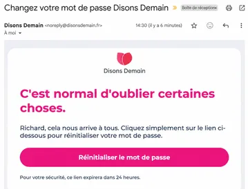 Retrouver son compte Disons Demain : email de récupération de mot de passe reçu