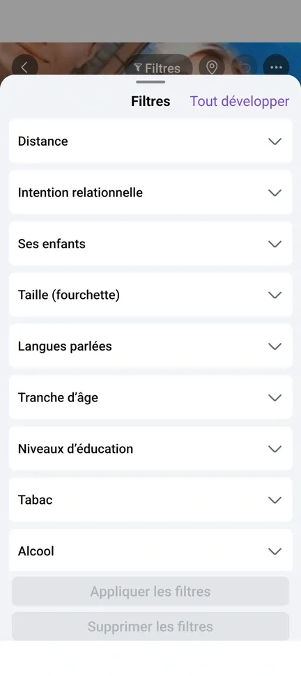 Les filtres secondaire de la recherche de profils sur Facebook Rencontre