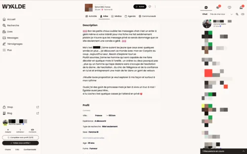 Fiche profil rempli d'un mmebre sur Wyylde
