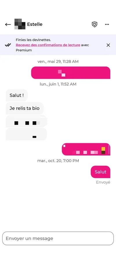 Mention "envoyé" sur le dernier message envoyé sur Meetic et popup "Finies les devinettes. Recevez des confirmations de lecture avec Premium"