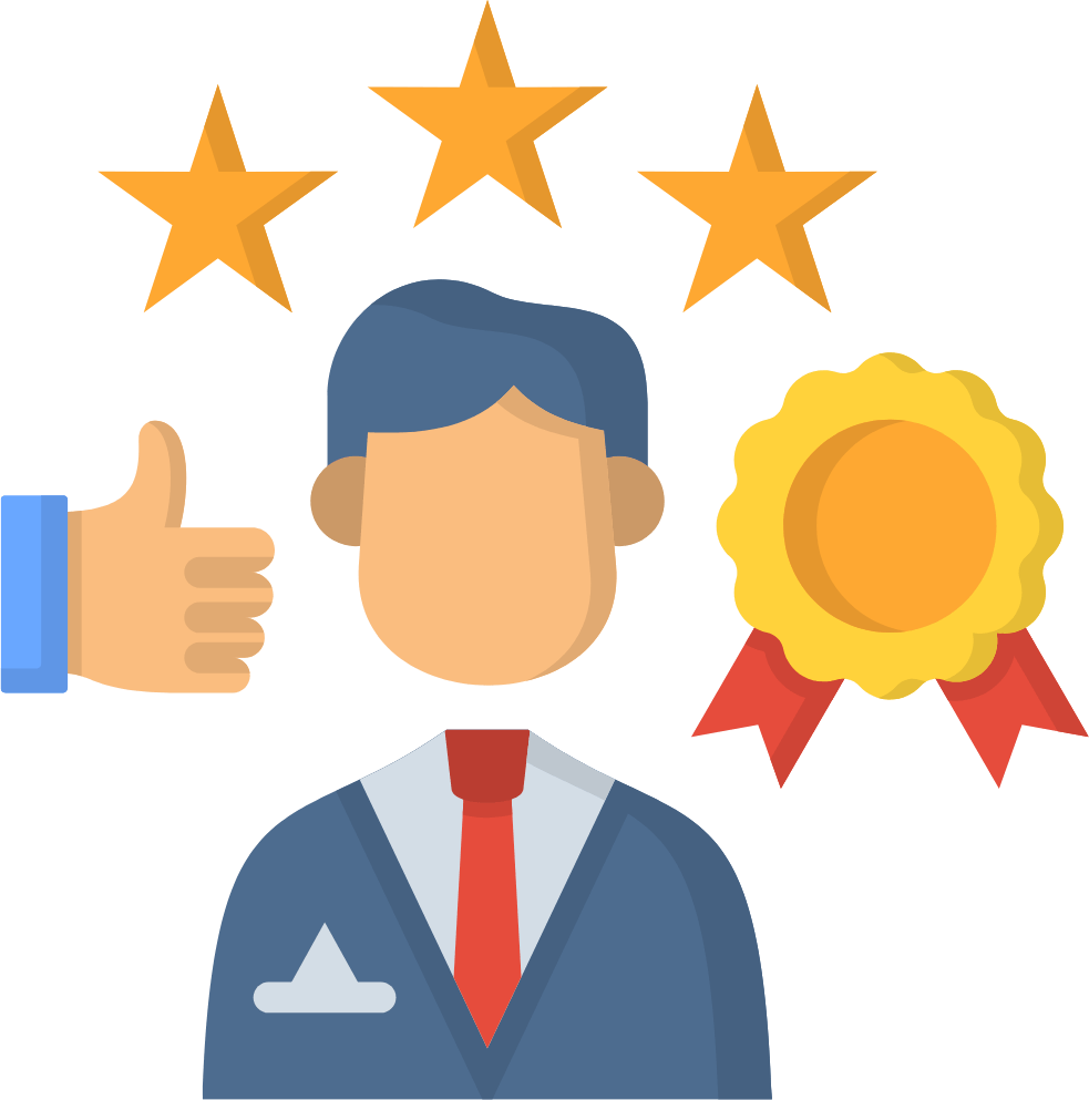 Icône d'un homme en costume cravate avec une main avec un pouce en l'air à gauche, un badge à droite et des étoiles au dessus, évoquant l'idée d'avis clients et de certification.