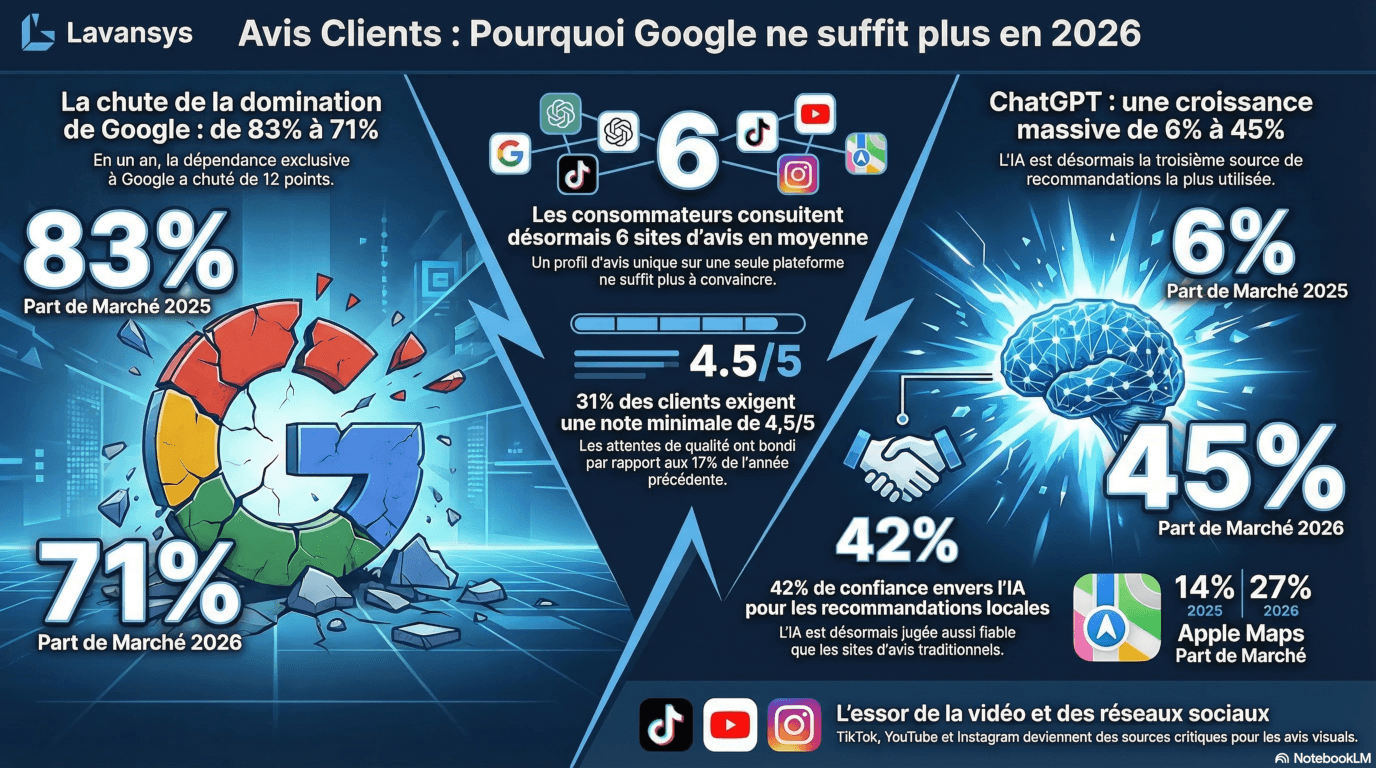 Infographie résumant des statistiques clés de l'étude 2026 sur les avis des consommateurs locaux