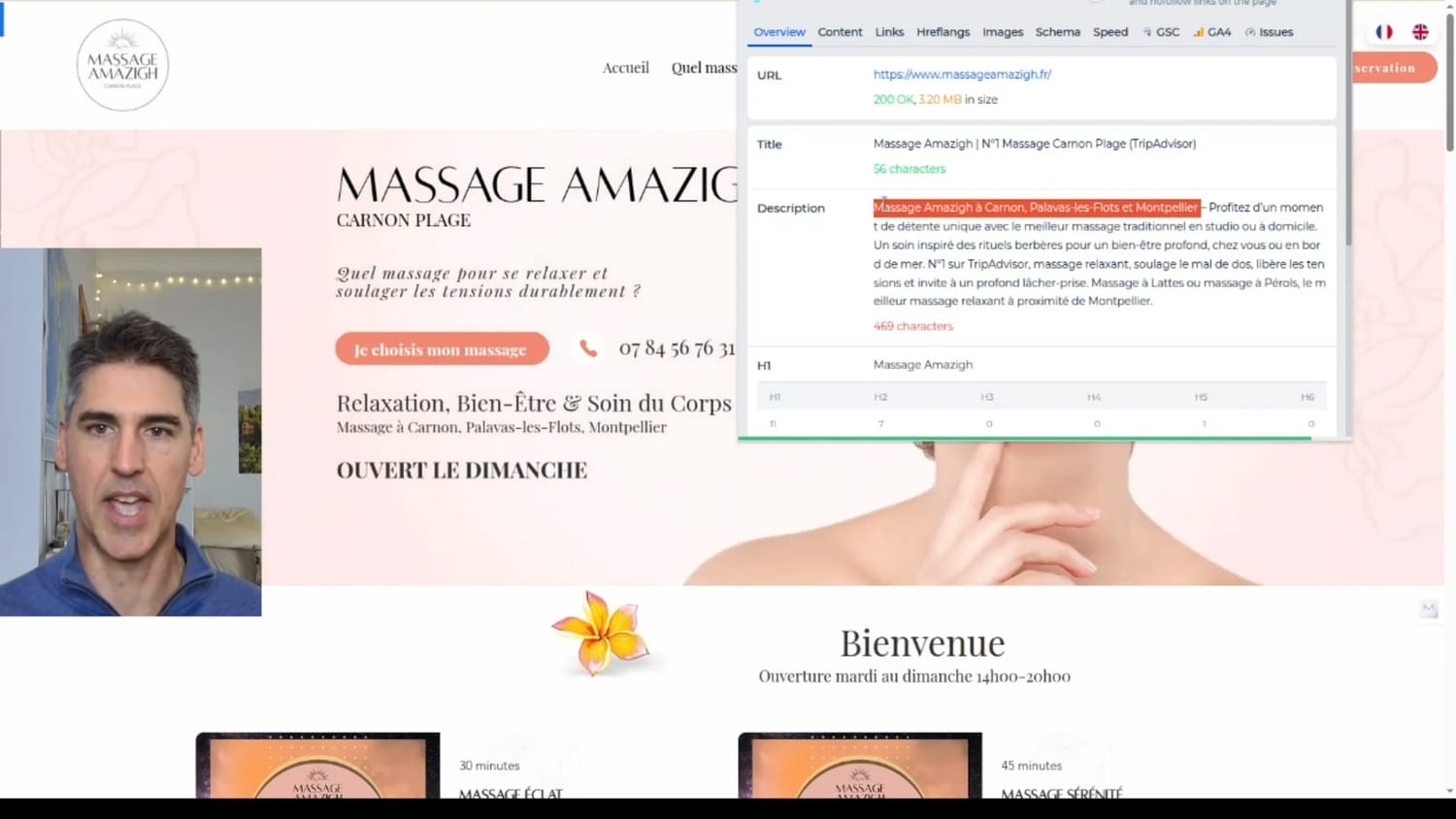 Analyse des balises title et description d'un site de massage