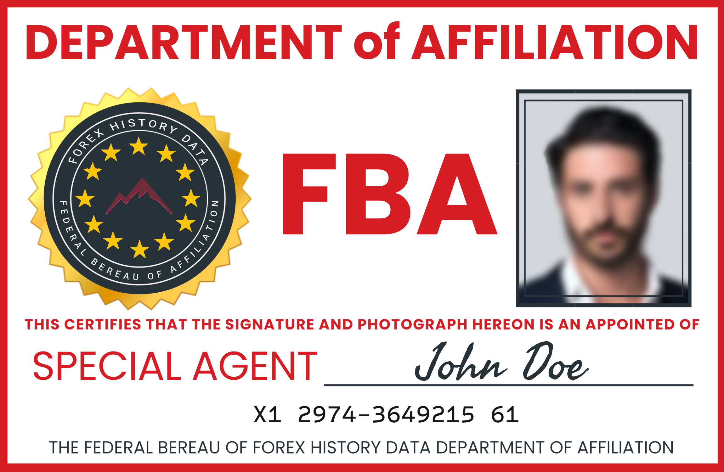 A picture of a fake FBI ID card that says "Department of Affiliation" on it.