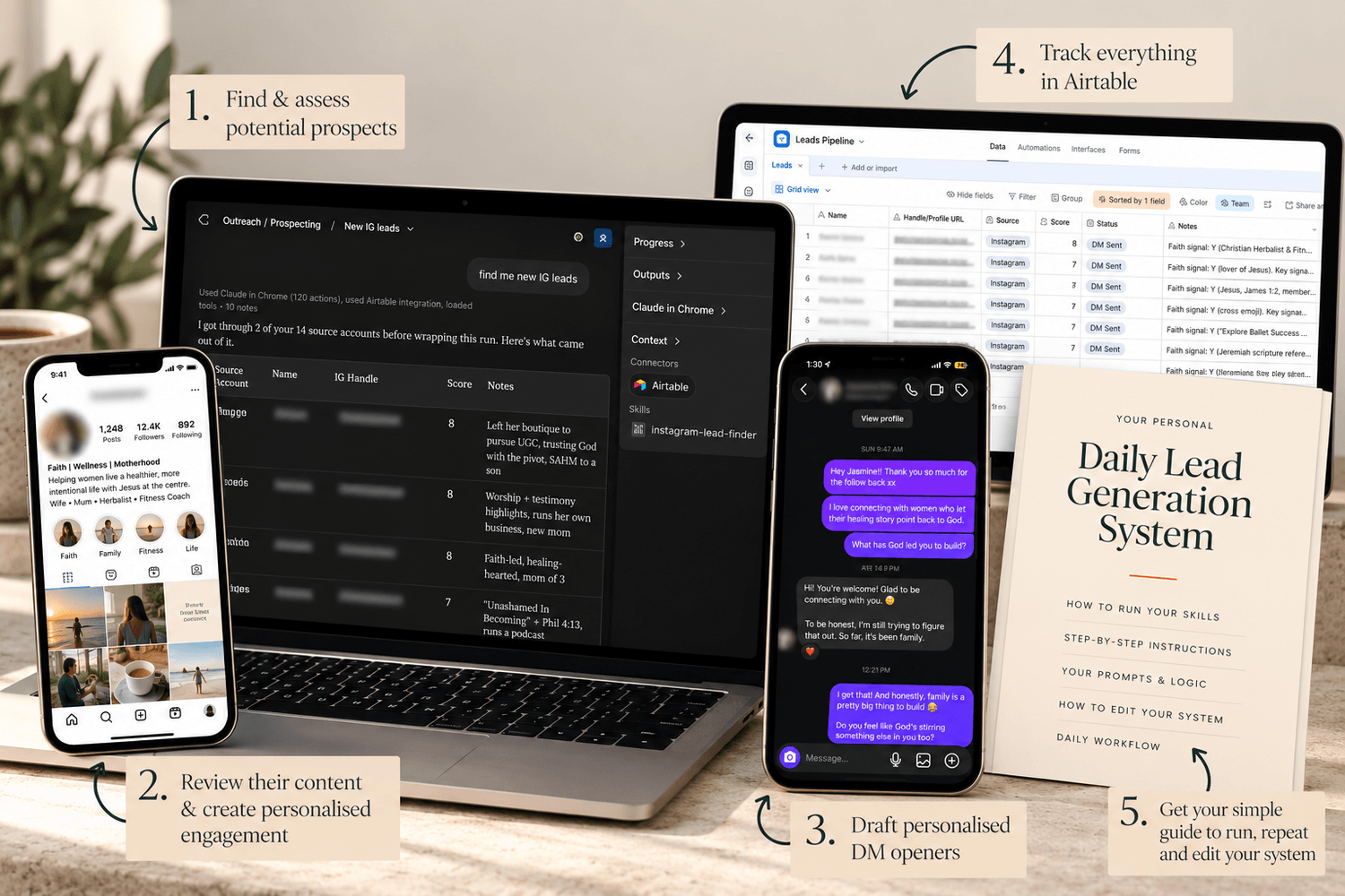 The 5-step system: find and assess prospects, review and engage, draft DM openers, track in Airtable, run your daily system