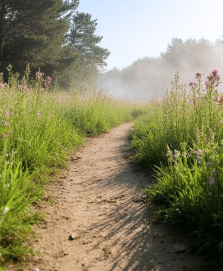 A serene, sun-dappled dirt path winding through tall green grasses and wild pink flowers towards a gentle, misty forest, symbolizing the start of the 'Now What?' 6-week trauma informed coaching experience for women who've experienced broken family relationships and estrangement.